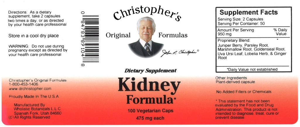 Kidney Formula - 100 Capsules - Christopher's Herb Shop